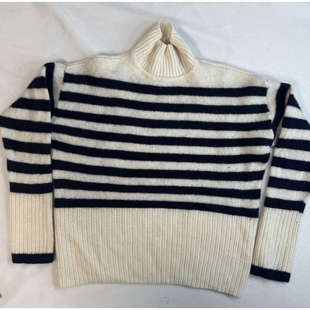 Joie 100% Cashmere Striped mock Turtleneck Sweater Cream Navy Women’s SMALL Soft